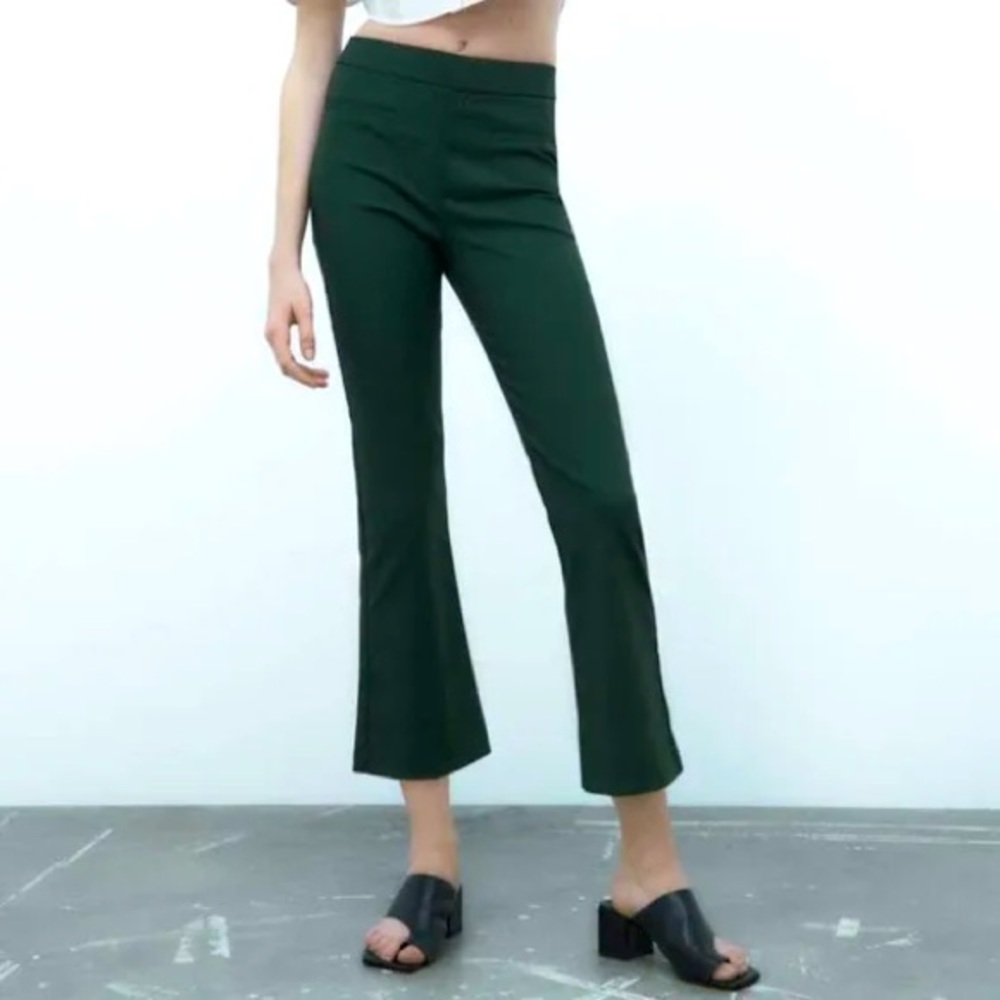 Zara Mini Flare Pants Trouser High Rise Crop Pants In Dark Green
